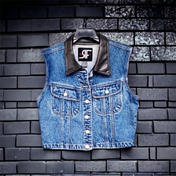 RF | Distressed Denim Vest | Faux leather collar | Women’s Size Medium - Picture 1 of 5